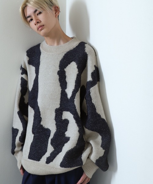 NILWAY(ニルウェイ)の「マーブル ジャガード オーバーサイズ ニット(ニット/セーター・メンズ・ブルー/ネイビー/ベージュ/ブラック・LARGE/MEDIUM)」の3枚目の写真
