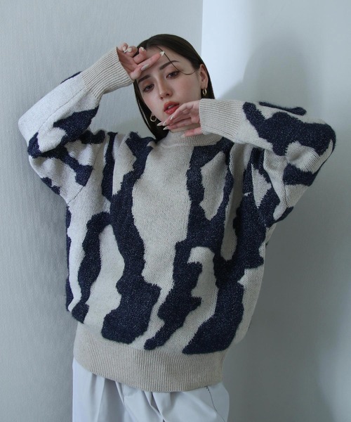 NILWAY(ニルウェイ)の「マーブル ジャガード オーバーサイズ ニット(ニット/セーター・メンズ・ブルー/ネイビー/ベージュ/ブラック・LARGE/MEDIUM)」の4枚目の写真