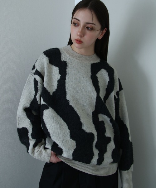 NILWAY(ニルウェイ)の「マーブル ジャガード オーバーサイズ ニット(ニット/セーター・メンズ・ブルー/ネイビー/ベージュ/ブラック・LARGE/MEDIUM)」の1枚目の写真