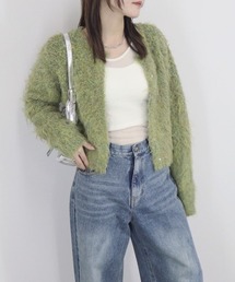ミックスカラーシャギーカーディガン / 長袖 クルーネック アウター ニット ふわふわ 起毛 カジュアル シンプル ベーシック グレー チャコール グリーン カーキ ピンク