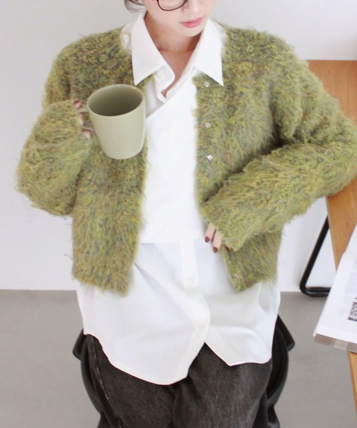 ミックスカラーシャギーカーディガン / 長袖 クルーネック アウター