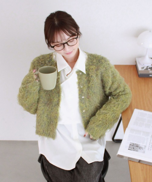 ミックスカラーシャギーカーディガン / 長袖 クルーネック アウター