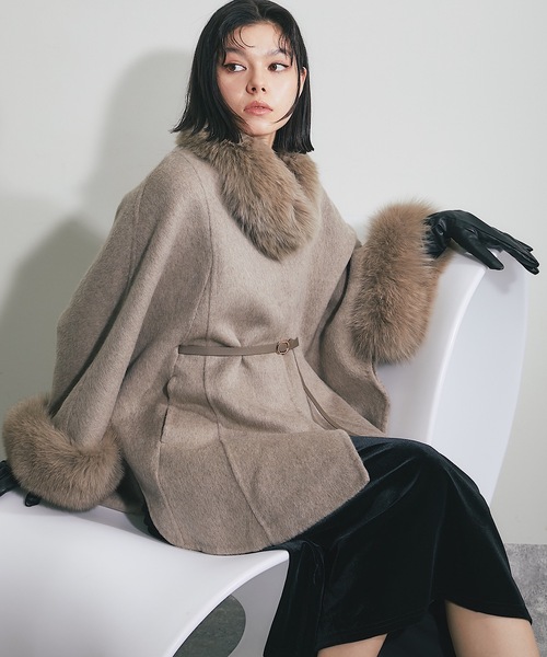 ウール混フォックスファーつきポンチョコート（ポンチョ）｜SMILE