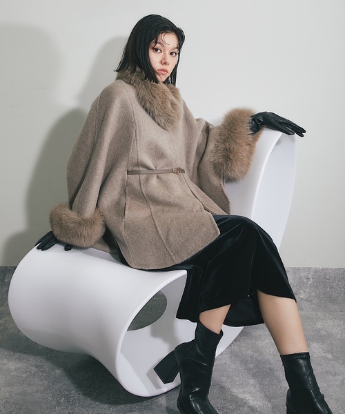 ウール混フォックスファーつきポンチョコート（ポンチョ）｜SMILE