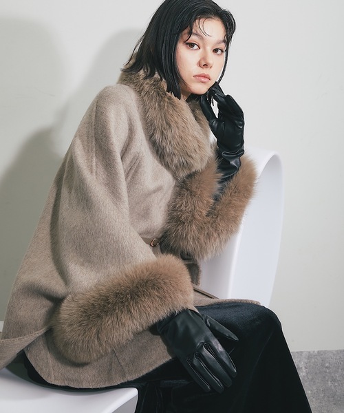 ウール混フォックスファーつきポンチョコート（ポンチョ）｜SMILE