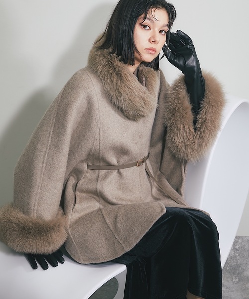 ウール混フォックスファーつきポンチョコート（ポンチョ）｜SMILE