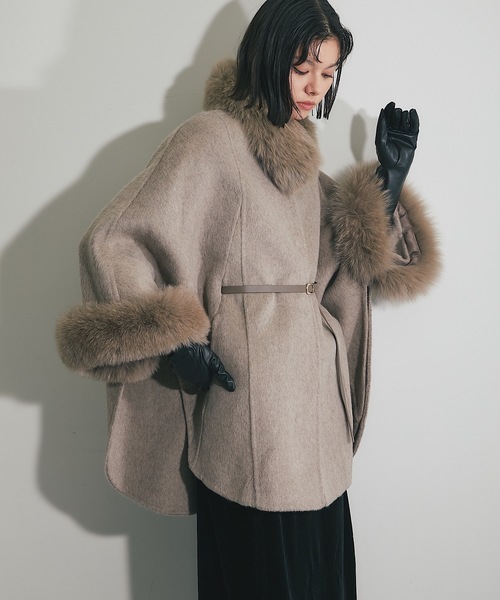 ウール混フォックスファーつきポンチョコート（ポンチョ）｜SMILE