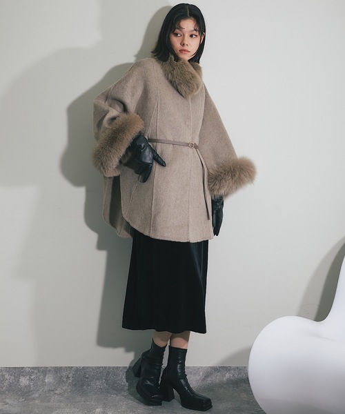 ウール混フォックスファーつきポンチョコート（ポンチョ）｜SMILE