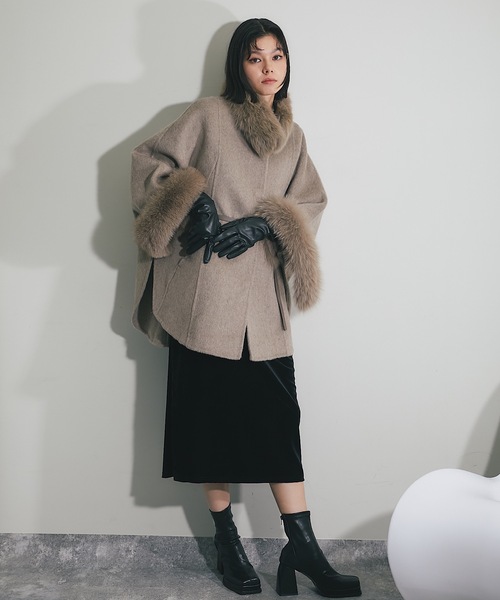 期間限定出品【美品】Sov. ソブ ファー付き ポンチョ コート グレー SMILE ORCHID ポンチョ ウール混フォックスファーつきポンチョコート