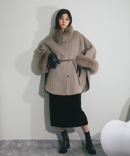 ウール混フォックスファーつきポンチョコート（ポンチョ）｜SMILE