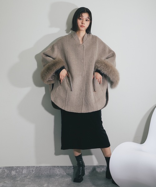 ウール混フォックスファーつきポンチョコート（ポンチョ）｜SMILE