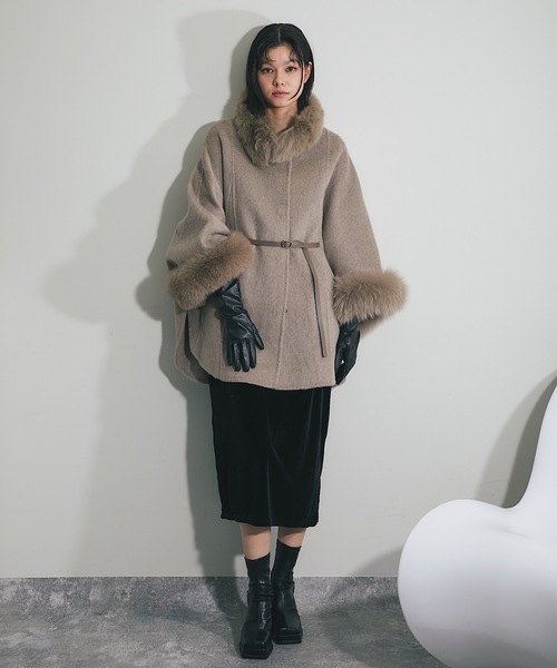 ウール混フォックスファーつきポンチョコート（ポンチョ）｜SMILE