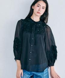 ブラウス シャツ フラワーモチーフ付きシアーブラウス レディース レディース 大人 上品 小鳥が集うお花畑のシアーシャツブラウス