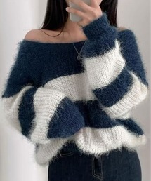 Vネック モヘア風 ボーダー ニット トップス