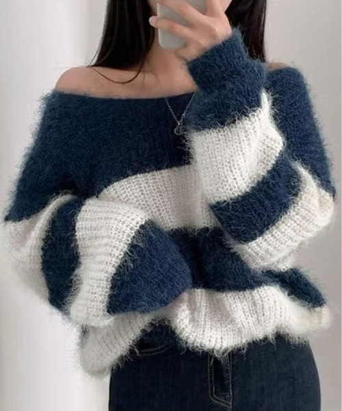 kirakiraShop(キラキラショップ)の「Vネック モヘア風 ボーダー ニット トップス(ニット/セーター・レディース・ブラック/ブルー/ネイビー/ピンク・FREE)」の3枚目の写真