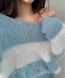 Vネック モヘア風 ボーダー ニット トップス