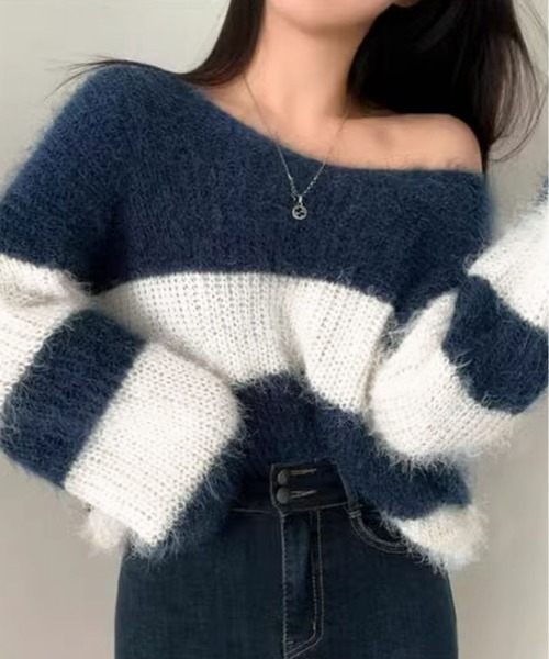 kirakiraShop(キラキラショップ)の「Vネック モヘア風 ボーダー ニット トップス(ニット/セーター・レディース・ブラック/ブルー/ネイビー/ピンク・FREE)」の19枚目の写真