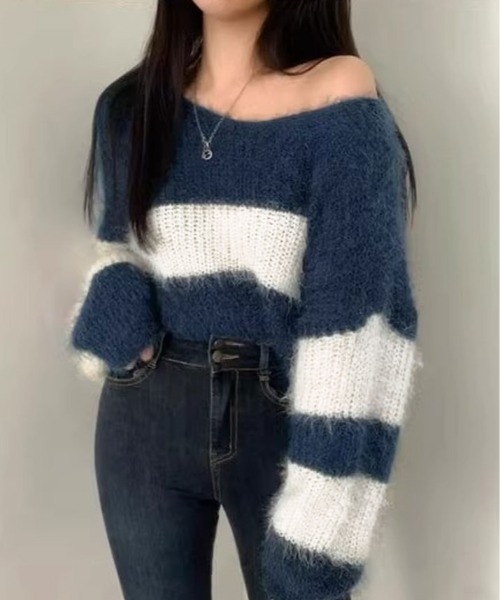 kirakiraShop(キラキラショップ)の「Vネック モヘア風 ボーダー ニット トップス(ニット/セーター・レディース・ブラック/ブルー/ネイビー/ピンク・FREE)」の21枚目の写真