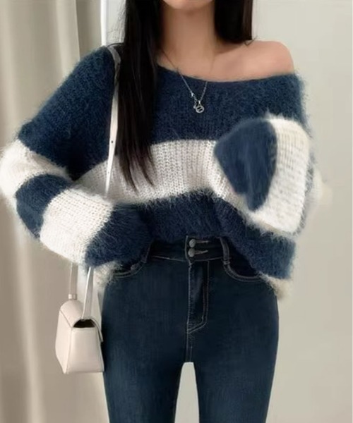 kirakiraShop(キラキラショップ)の「Vネック モヘア風 ボーダー ニット トップス(ニット/セーター・レディース・ブラック/ブルー/ネイビー/ピンク・FREE)」の22枚目の写真