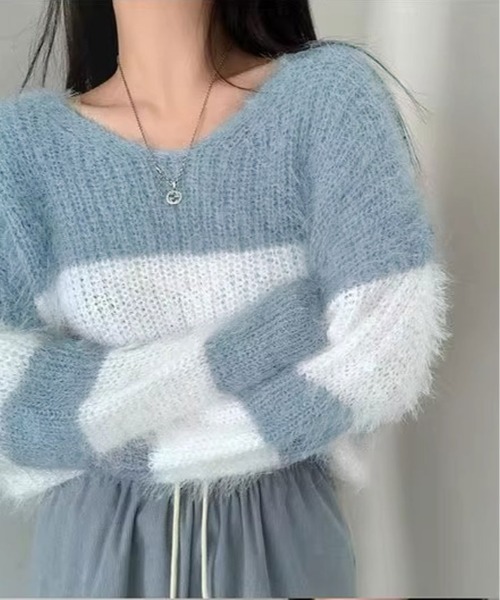 kirakiraShop(キラキラショップ)の「Vネック モヘア風 ボーダー ニット トップス(ニット/セーター・レディース・ブラック/ブルー/ネイビー/ピンク・FREE)」の14枚目の写真