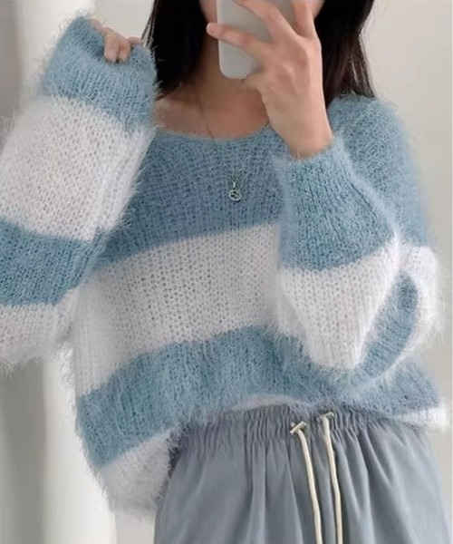 kirakiraShop(キラキラショップ)の「Vネック モヘア風 ボーダー ニット トップス(ニット/セーター・レディース・ブラック/ブルー/ネイビー/ピンク・FREE)」の16枚目の写真