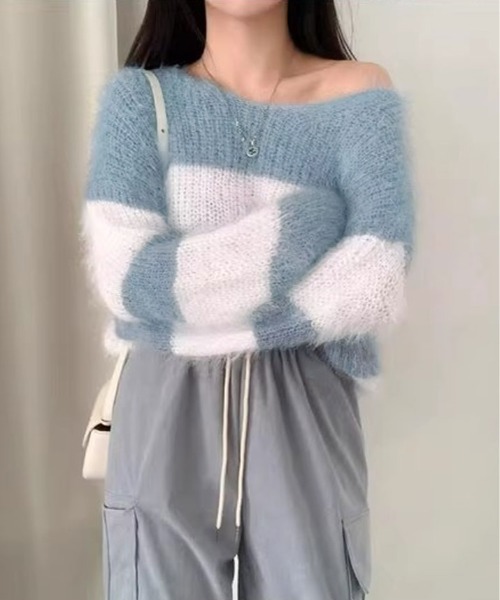 kirakiraShop(キラキラショップ)の「Vネック モヘア風 ボーダー ニット トップス(ニット/セーター・レディース・ブラック/ブルー/ネイビー/ピンク・FREE)」の17枚目の写真