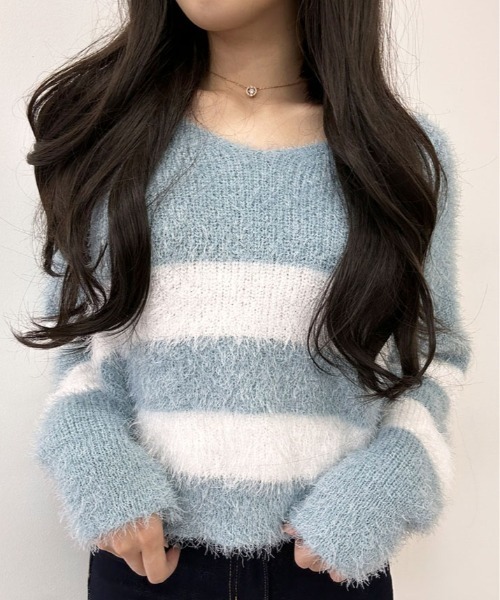 kirakiraShop(キラキラショップ)の「Vネック モヘア風 ボーダー ニット トップス(ニット/セーター・レディース・ブラック/ブルー/ネイビー/ピンク・FREE)」の10枚目の写真