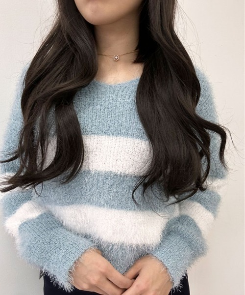 kirakiraShop(キラキラショップ)の「Vネック モヘア風 ボーダー ニット トップス(ニット/セーター・レディース・ブラック/ブルー/ネイビー/ピンク・FREE)」の12枚目の写真