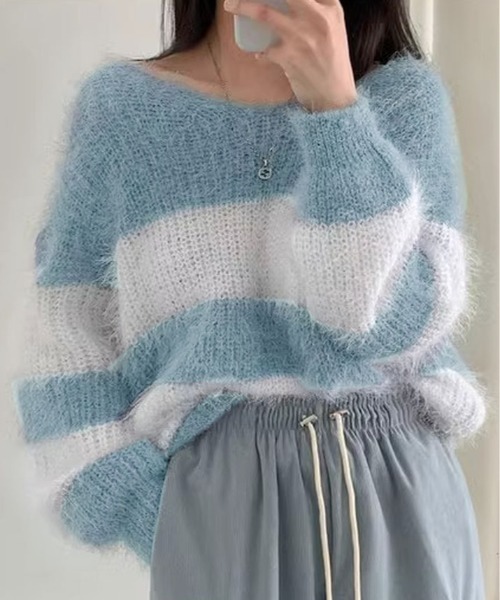 kirakiraShop(キラキラショップ)の「Vネック モヘア風 ボーダー ニット トップス(ニット/セーター・レディース・ブラック/ブルー/ネイビー/ピンク・FREE)」の13枚目の写真