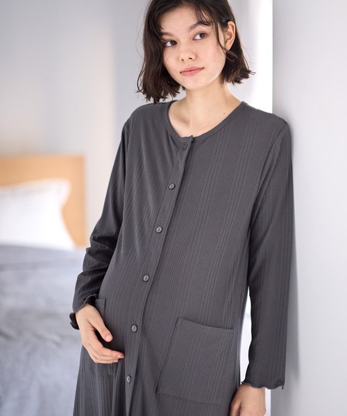 セール】ランダムリブネグリジェ/長袖ワンピース(産前・産後対応