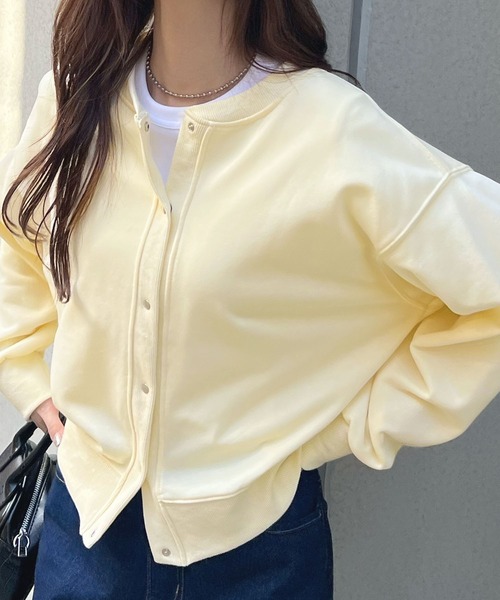 Futier land（フューティアランド）の「[選べる着丈2タイプ]裏毛スナップボタンカーディガントップス（カーディガン/ボレロ・レディース・ネイビー/ベージュ/ライトグレー/ライトイエロー/ライトピンク・MEDIUM/LARGE）」の18枚目の写真