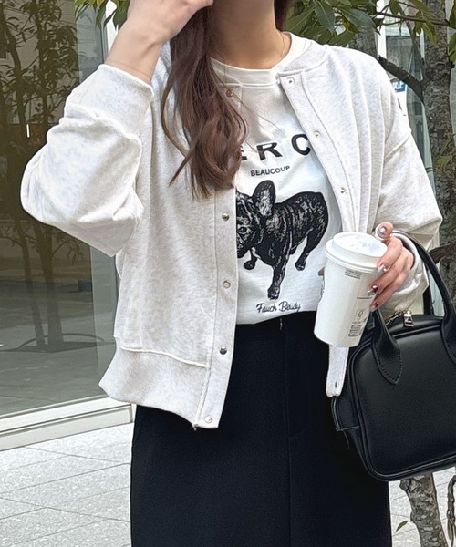 Futier land（フューティアランド）の「[選べる着丈2タイプ]裏毛スナップボタンカーディガントップス（カーディガン/ボレロ・レディース・ネイビー/ベージュ/ライトグレー/ライトイエロー/ライトピンク・MEDIUM/LARGE）」の10枚目の写真