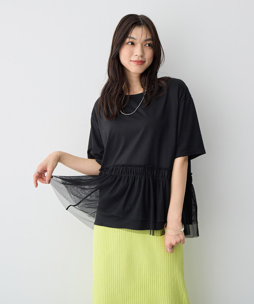 anyfee(エニフィー)の「【anyfee/大きいサイズ】チュール切替Tシャツ◆新色追加◆(Tシャツ/カットソー・レディース・オフホワイト/ブラック/チャコール・3L/4L/LL/5L)」の5枚目の写真