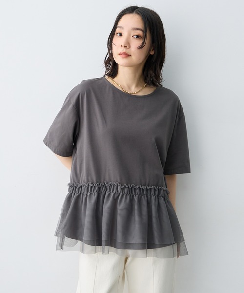 anyfee(エニフィー)の「【anyfee/大きいサイズ】チュール切替Tシャツ◆新色追加◆(Tシャツ/カットソー・レディース・オフホワイト/ブラック/チャコール・3L/4L/LL/5L)」の3枚目の写真