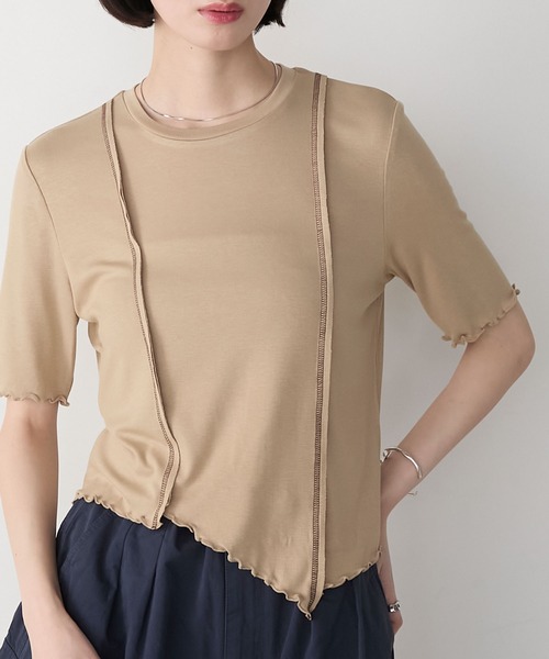セール】【forksy.】アシンメトリーヘムデザイン 配色ステッチ