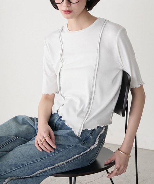 forksy.】アシンメトリーヘムデザイン 配色ステッチ コンパクトT