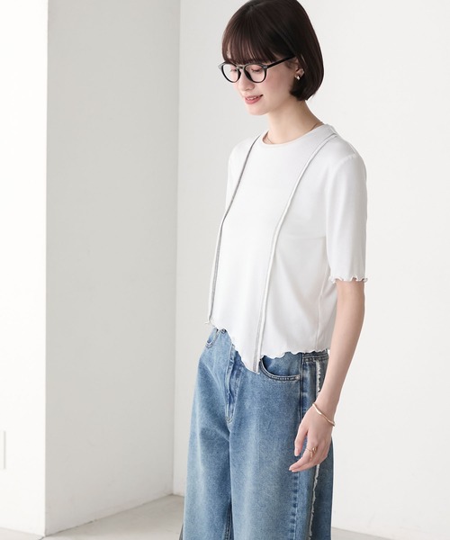 カロメル社　トップス forksy.】アシンメトリーヘムデザイン 配色ステッチ コンパクトT