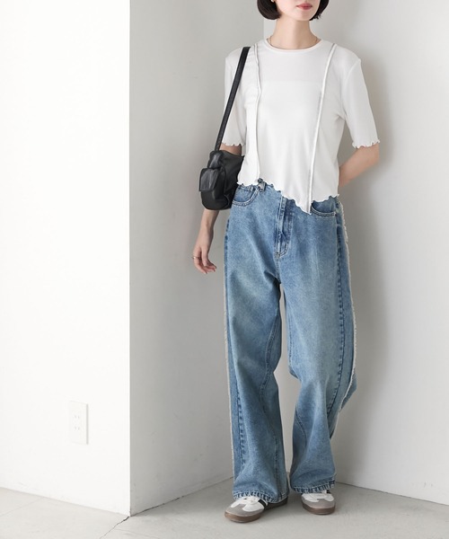 forksy.】アシンメトリーヘムデザイン 配色ステッチ コンパクトT
