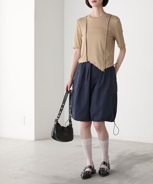 forksy.】アシンメトリーヘムデザイン 配色ステッチ コンパクトTシャツ