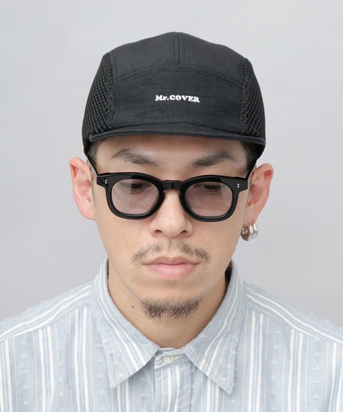Mr.COVER（ミスターカバー）の「ムラ染風 撥水ナイロン メッシュ切替 ジェット アンパイアキャップ 接触冷感スベリ使用（キャップ・メンズ・ブラック・FREE）」の5枚目の写真