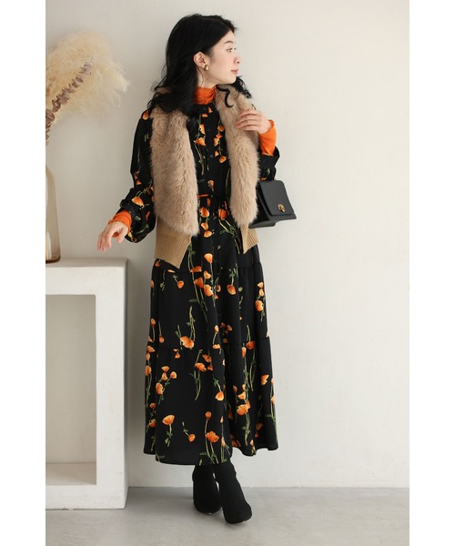 cawaii(カワイイ)の「(黒)夕陽色に染まる花柄ロングワンピース(紐付き)(ワンピース・レディース・ブラック・FREE)」の3枚目の写真