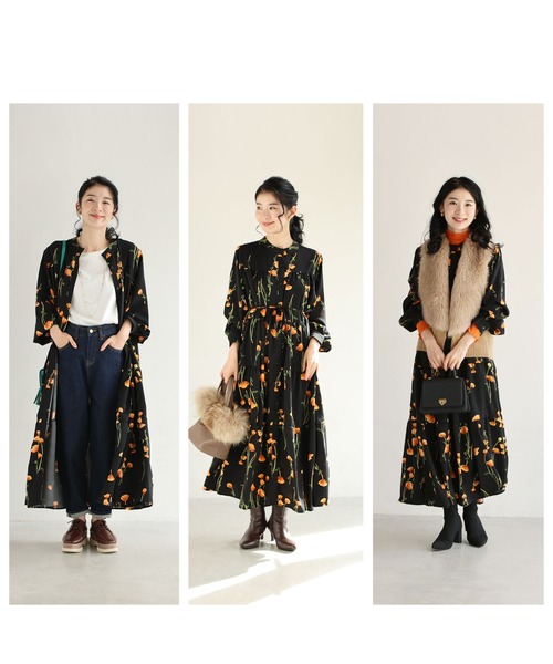 彩　♪ 辻ヶ花袋帯と黒ジョーゼットからロングワンピース❣️羽衣ボレロ付き 黒）夕陽色に染まる花柄ロングワンピース（紐付き）（ワンピース