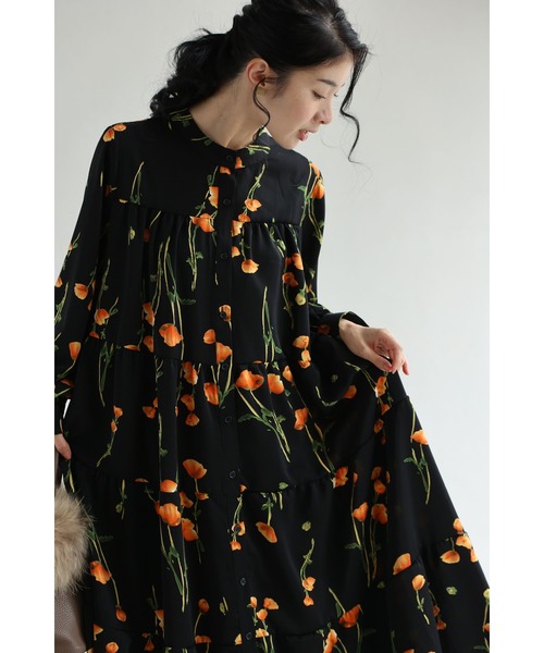 彩　♪ 辻ヶ花袋帯と黒ジョーゼットからロングワンピース❣️羽衣ボレロ付き 黒）夕陽色に染まる花柄ロングワンピース（紐付き）（ワンピース