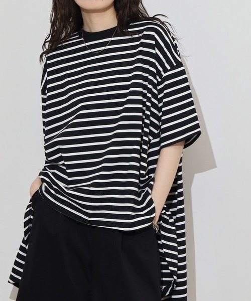 myke(ミーカ)の「myke ボーダー柄 バックフレアライン半袖トップス(Tシャツ/カットソー・レディース・ホワイト×グリーン/ブラック×ホワイト/ホワイト×イエロー/ベージュ系/ホワイト×ネイビー・M)」の4枚目の写真