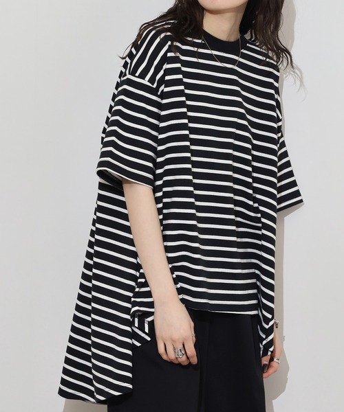 myke(ミーカ)の「myke ボーダー柄 バックフレアライン半袖トップス(Tシャツ/カットソー・レディース・ホワイト×グリーン/ブラック×ホワイト/ホワイト×イエロー/ベージュ系/ホワイト×ネイビー・M)」の22枚目の写真