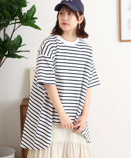 myke(ミーカ)の「myke ボーダー柄 バックフレアライン半袖トップス(Tシャツ/カットソー・レディース・ホワイト×グリーン/ブラック×ホワイト/ホワイト×イエロー/ベージュ系/ホワイト×ネイビー・M)」の19枚目の写真