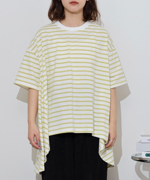 myke(ミーカ)の「myke ボーダー柄 バックフレアライン半袖トップス(Tシャツ/カットソー・レディース・ホワイト×グリーン/ブラック×ホワイト/ホワイト×イエロー/ベージュ系/ホワイト×ネイビー・M)」の10枚目の写真