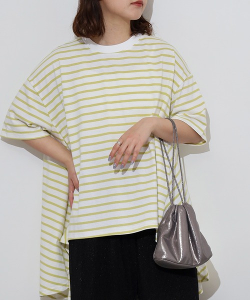 myke(ミーカ)の「myke ボーダー柄 バックフレアライン半袖トップス(Tシャツ/カットソー・レディース・ホワイト×グリーン/ブラック×ホワイト/ホワイト×イエロー/ベージュ系/ホワイト×ネイビー・M)」の12枚目の写真
