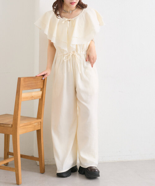w closet（ダブルクローゼット）の「【２サイズ展開】フリル衿付きオールインワン（サロペット/オーバーオール・レディース・ブラック/グリーン/アイボリー・0/1）」の14枚目の写真