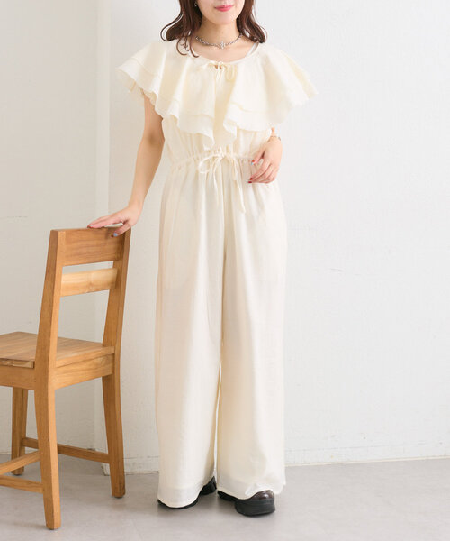 w closet（ダブルクローゼット）の「【２サイズ展開】フリル衿付きオールインワン（サロペット/オーバーオール・レディース・ブラック/グリーン/アイボリー・0/1）」の15枚目の写真